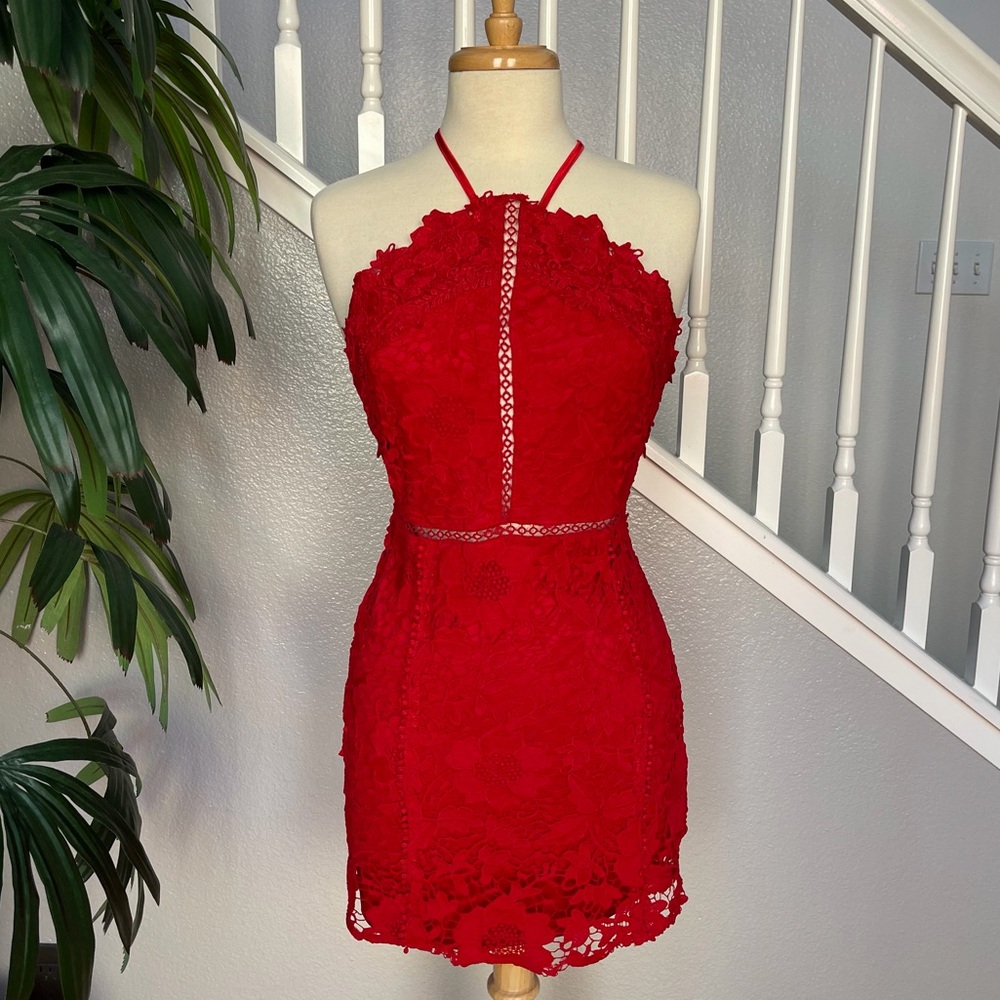 Elegant Red Lace Halter Dress
